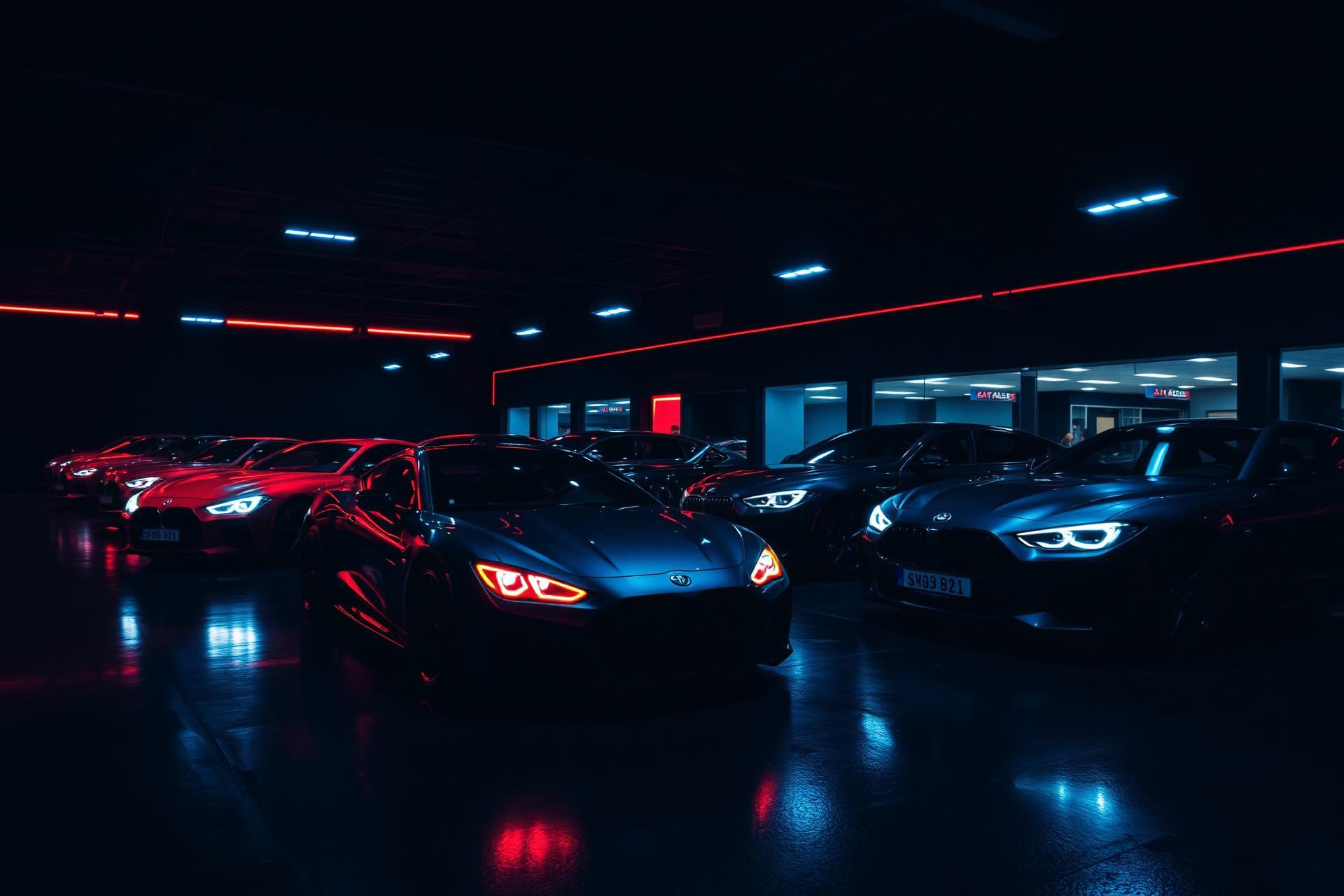Dealership showroom at night